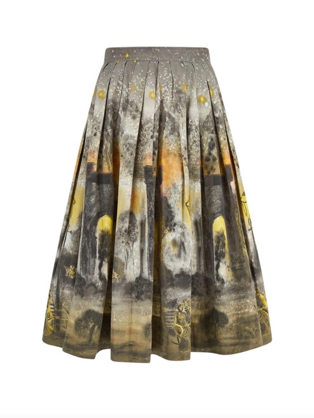 Vintage 1950s Lady Anne Novelty Print Night Scene Midi Box Pleat Skirt Gray
